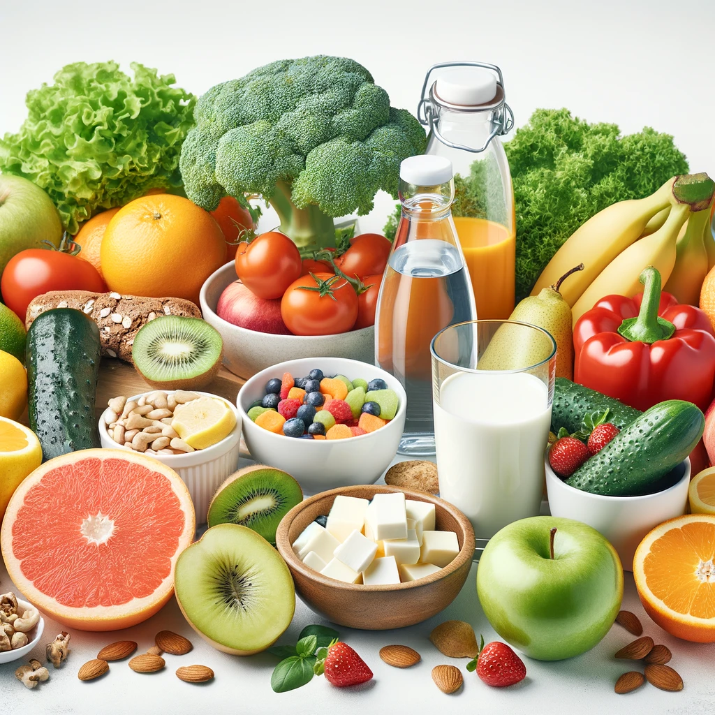 Alimentos saudáveis que promovem a saúde bucal, incluindo frutas, vegetais, laticínios e água - Nutrição na Saúde Bucal.