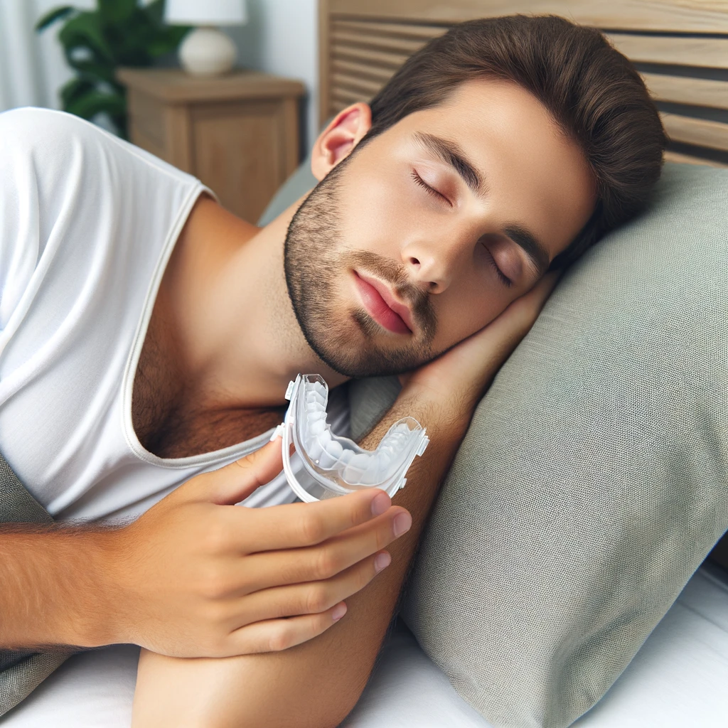 Paciente dormindo tranquilamente com um dispositivo oral, em um ambiente de quarto relaxante - Odontologia do Sono.